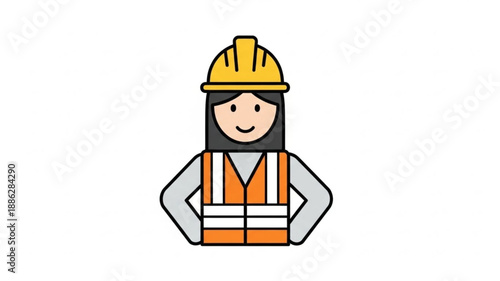 Female construction worker wearing safety vest and hard hat.
