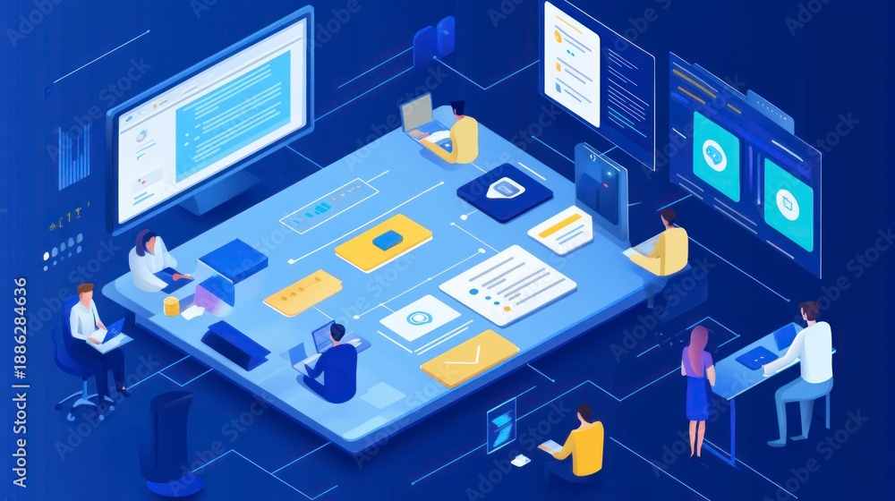 Obraz premium Digital Workspace with Multiple Monitors and Team.