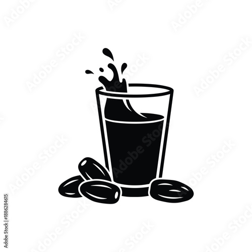 Black icon of dates fruit with a glass of liquid splashing out on a transparent grid vector design