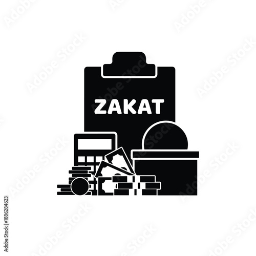 Zakat donation concept icon with calculator money coins and charity box in black silhouette vector
