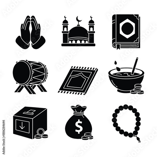 Set of islamic ramadan kareem icons black silhouette vector illustration on transparent background