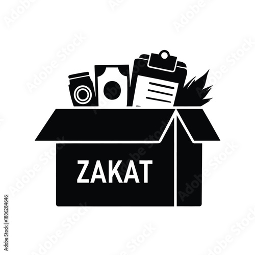 Zakat box black silhouette isolated on transparent background with money and other items