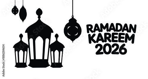 Ramadan kareem 2026 black silhouette with lanterns isolated on transparent background greeting
