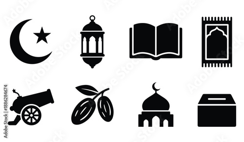 Set of black silhouette islamic and ramadan symbols including crescent, lantern, and mosque