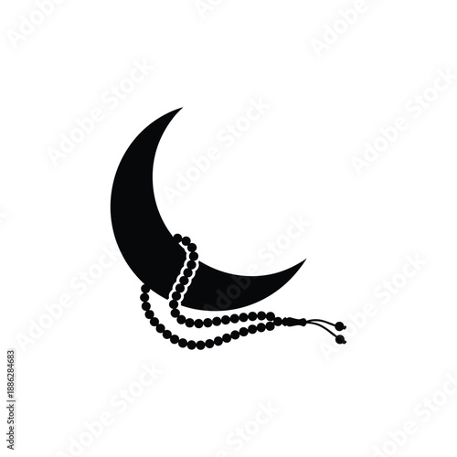 Black silhouette of a crescent moon with prayer beads draped over it, islamic symbol