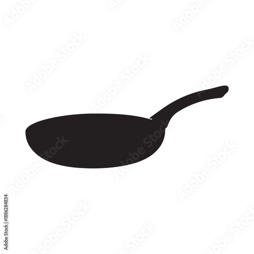 Simple black silhouette of a frying pan on a plain white background cooking essential