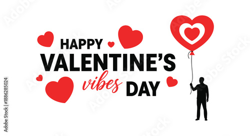 A vibrant valentine s day illustration featuring red hearts celebratory text and a silhouette of a person with a balloon