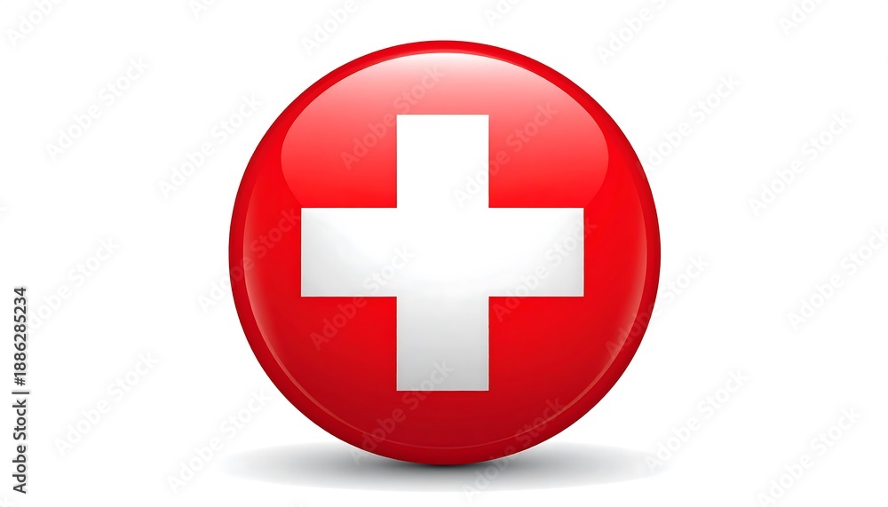 Fototapeta premium Red round icon with a white cross in the center, reflecting light on a white background