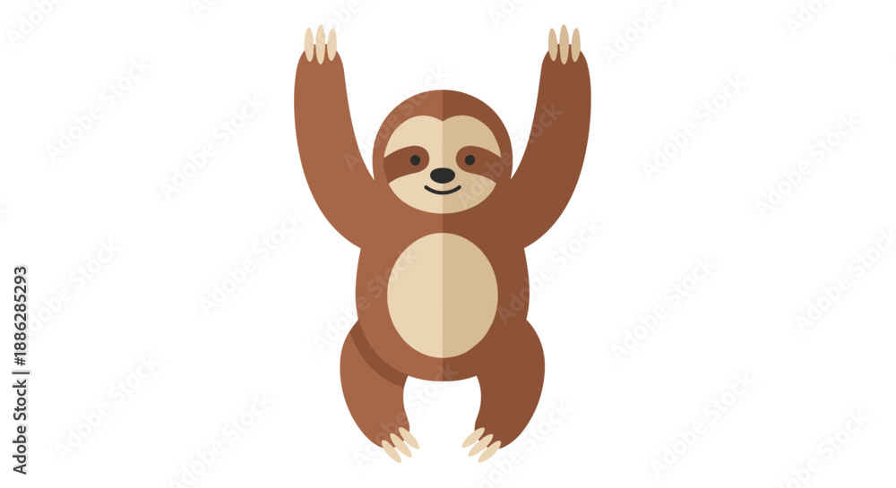 Fototapeta premium Cartoon lazy sloth toy illustration with arms raised, isolated on a white background