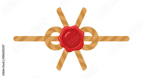 Decorative cord tied with a red wax seal, isolated on a white background, showcasing intricate knot design and elegance