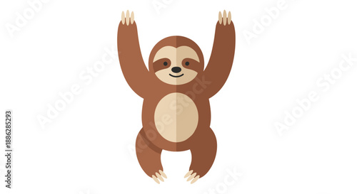 Cartoon lazy sloth toy illustration with arms raised, isolated on a white background