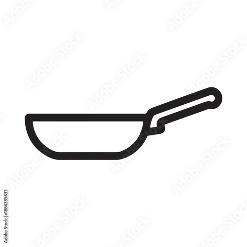 Simple black and white line drawing of a frying pan with a long handle