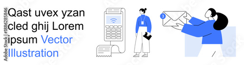 Digital communication, payment processing, online interactions, business transactions, teamwork, delivery system. A person holding an envelope and a man standing near a card reader. Digital