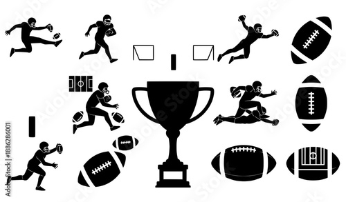 Minimal football outline icon set for player actions, goals, and sports UI