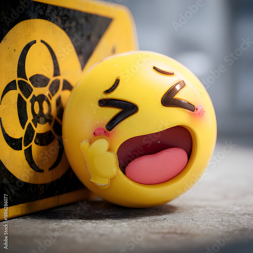 Laughing Emoji Character Near Biohazard Warning Sign AI Generated