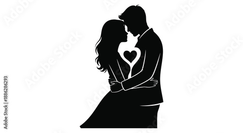 A silhouetted couple embraces tenderly forming a heart shape with their intertwined bodies representing love and affection