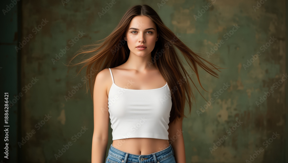 Fototapeta premium Beautiful young woman with flowing hair posing in front of textured background looking at camera