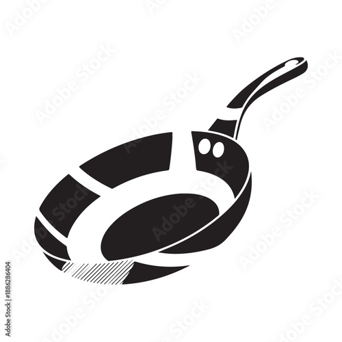 A simple black and white illustration of a frying pan viewed from an angle