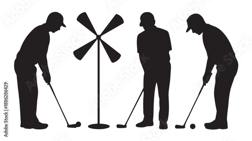 Golfers Silhouettes in Various Stances with Windmill in Simple Black Style on White Background for Sports Illustration
