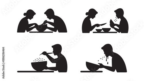 Silhouette of People Preparing Food in Cozy Warm Lighting on White Background for Culinary Illustration