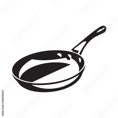 A simple black and white illustration of a frying pan viewed from a slight angle