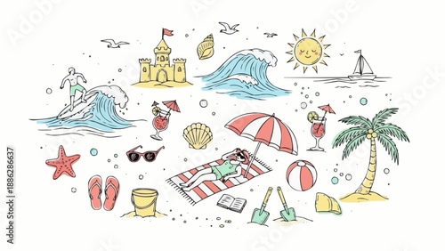 Summer Beach Vacation Fun Elements Doodle Collection.