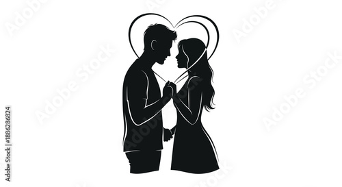 A silhouetted couple embracing tenderly framed by a heart shaped arc depicting romance and connection beautifully high quality professional