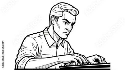 Man playing piano with intense concentration and focus.