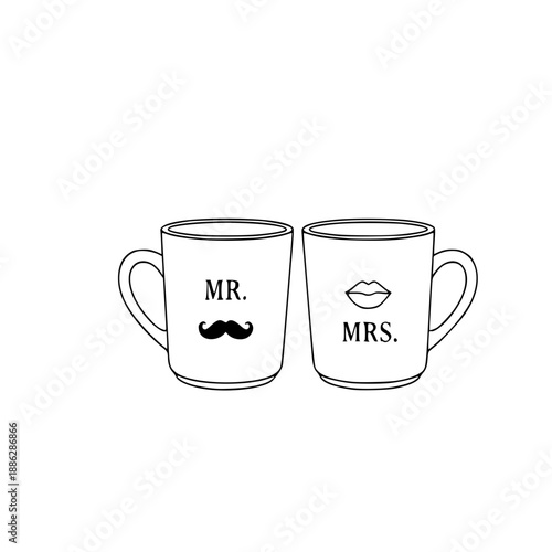 Minimalist Coffee Mugs with Mustache and Lips Line Art, Romantic Couple Gift Illustration for Wedding and Coloring Page