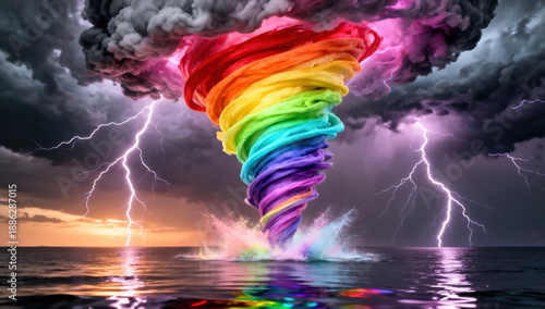 A vibrant rainbow colored waterspout tornado forming over the ocean with dramatic lightning and a beautiful sunset background
