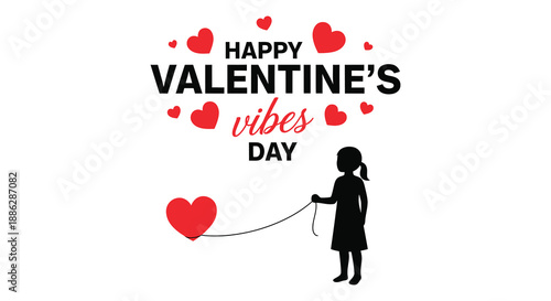 A stylized valentine s day illustration features hearts text and a silhouette of a girl with a heart shaped balloon