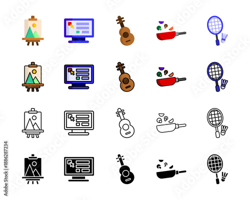 School skills and arts icons pack. Art computer music cooking and sports education set