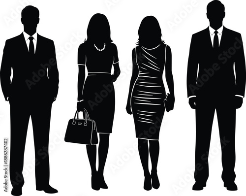Minimalist black and white vector illustration of professional business people and diverse couples standing in formal office suits and smart casual fashion apparel
