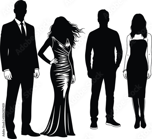 Minimalist black and white vector silhouette collection featuring diverse professional business teams and elegant couples in formal suits and stylish evening gown fashion apparel