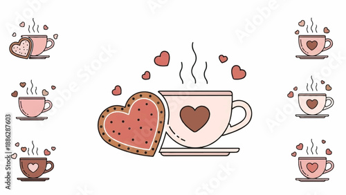 A heart-shaped cookie beside a steaming cup of coffee with heart designs surrounded by romantic elements and various coffee cups