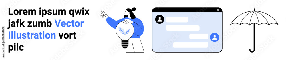 Obraz premium Communication, innovation, protection, brainstorming, digital interface, security. A person presenting ideas, chat screen and umbrella symbol. Innovation and communication with creative visuals