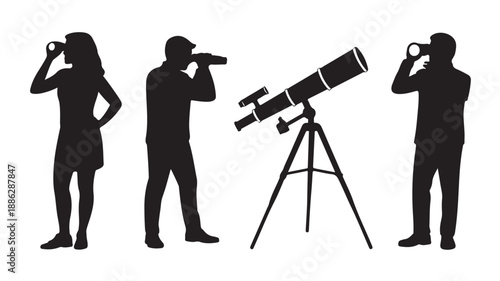 Silhouetted people observing stars through telescope and binoculars in dark mysterious night with soft moonlight on plain white background for astronomy education