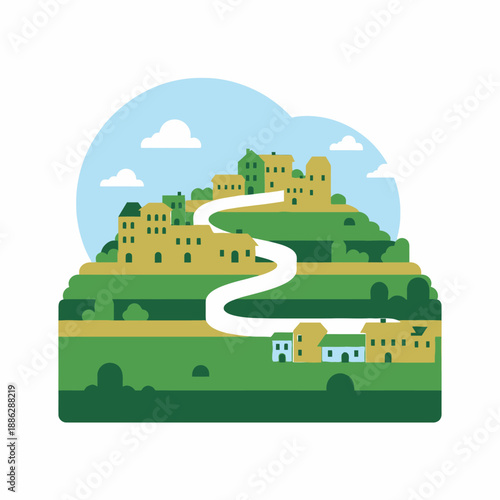 Colorful Village on Green Hill Illustration. Winding Road leading to Houses. Flat Design Landscape of a Quaint European Town or Suburban Community.