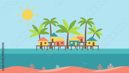Flat Vector Illustration of Tropical Overwater Bungalows Resort. Summer Paradise Scene with Palm Trees and Colorful Stilt Huts on the Ocean.