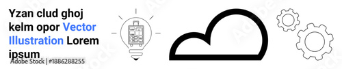 Cloud computing, technology, innovation, data storage, brainstorming, process optimization. A cloud icon, light bulb with a device and gear symbols. Cloud computing and innovation theme