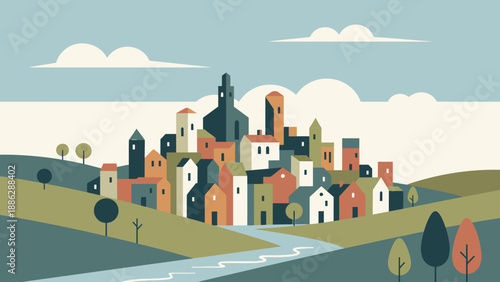 Mid-century modern flat design illustration of a colorful European hilltop village landscape. Geometric houses, rolling green fields, and a stylized river under a calm sky.
