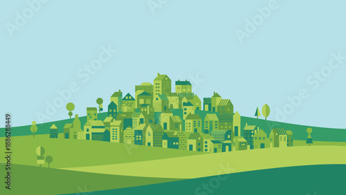 Green Cityscape on Rolling Hills: Minimalist Vector Illustration of an Eco-Friendly Suburban Neighborhood or Sustainable Community.