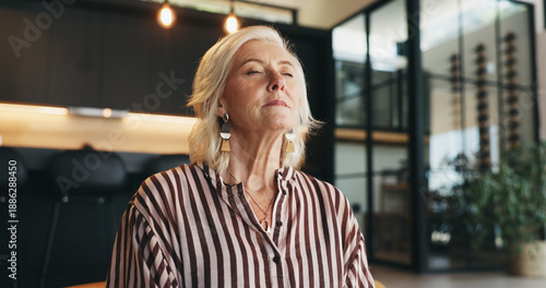 Photography Breathing, meditation and relax with senior woman in home living room for awareness or mindfulness