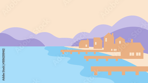Flat Design Pastel Coastal Village Landscape. Minimalist Illustration of Houses on the Beach, Sea, Mountains, and Wooden Jetties at Sunset.