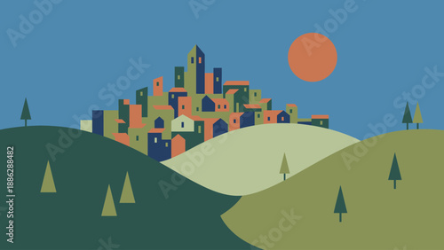 Minimalist Flat Design Hilltop Village Landscape. Geometric Architecture Illustration of a Mediterranean Town on Rolling Green Hills at Sunset.