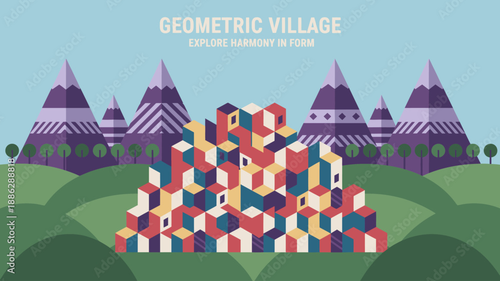 Fototapeta premium Geometric Abstract Village Illustration with Colorful Isometric Cubes, Stylized Mountains, and Flat Design Landscape