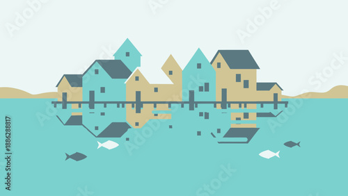 Flat Design Colorful Houses on Stilts Over Water. Waterfront Village Illustration with Reflections and Fish.