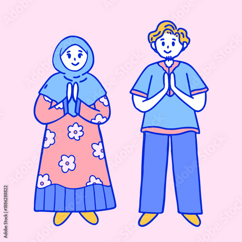 Ramadan Mubarak Greeting Vector with Cute Hand Drawn Cartoon Man and Woman Muslims Illustration