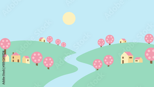 Idyllic Pastel Flat Design Village Landscape with Pink Trees and Green Hills. Minimalist Spring Scenery Illustration for Kids.