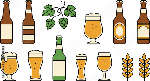 Beer and Brewing Illustration Set Featuring Bottles, Glasses, Hops, and Barley in Flat Vector Style